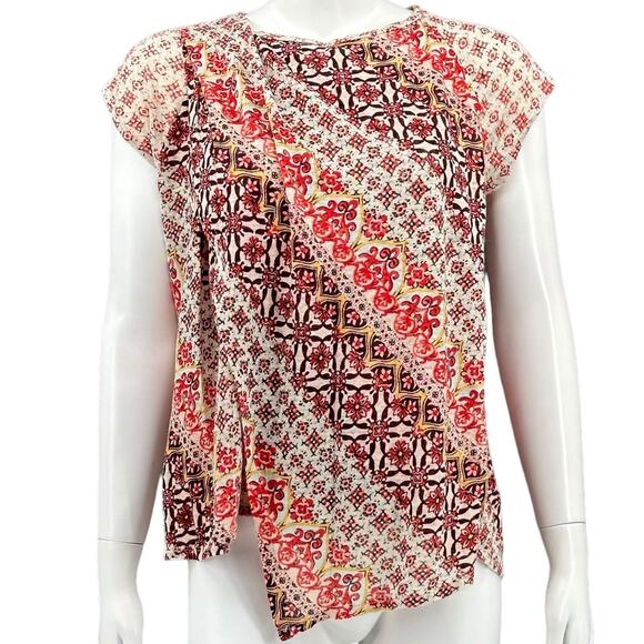 Sundance Top Womens XS Red Cream Josette 100% Linen Geometric Boho Beachy Summer - Picture 1 of 7
